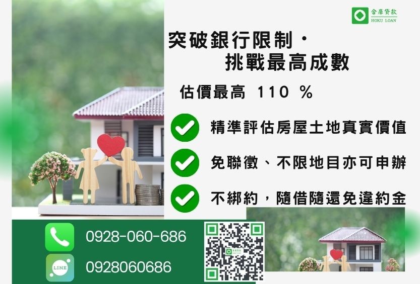 持分貸款成數最高-合庫貸款不看個人信用評分,房屋土地價值高估最高110%。