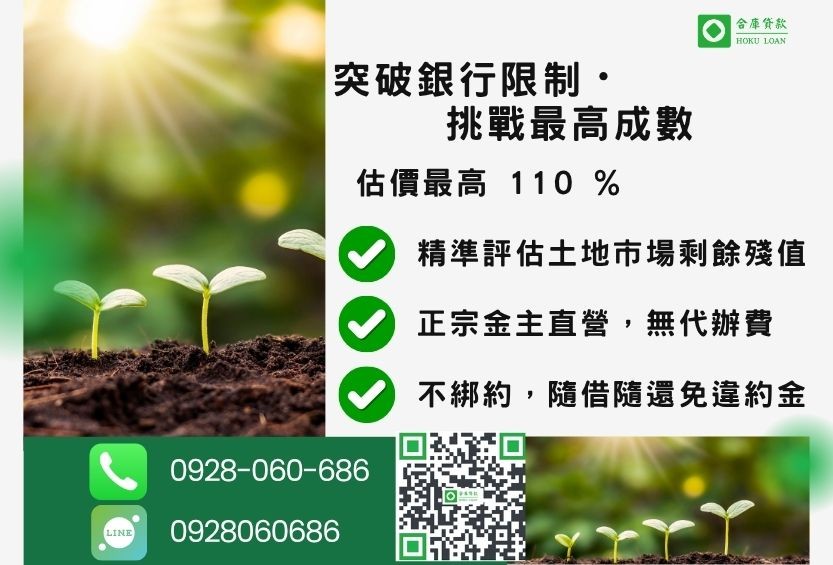 土地二胎借貸成數最高-合庫貸款不看個人信用評分，土地價值高估最高110%。