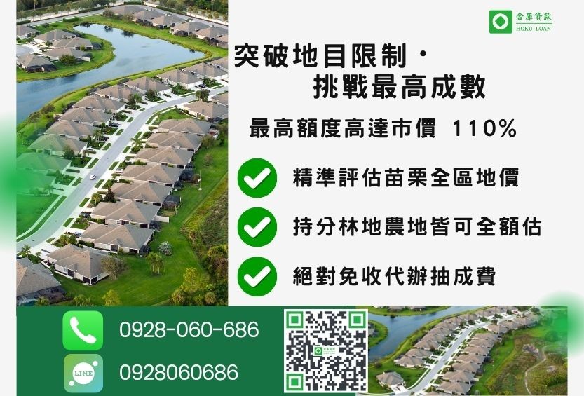 苗栗土地借貸成數最高-合庫貸款不看個人信用評分，苗栗土地價值高估最高可達110%。