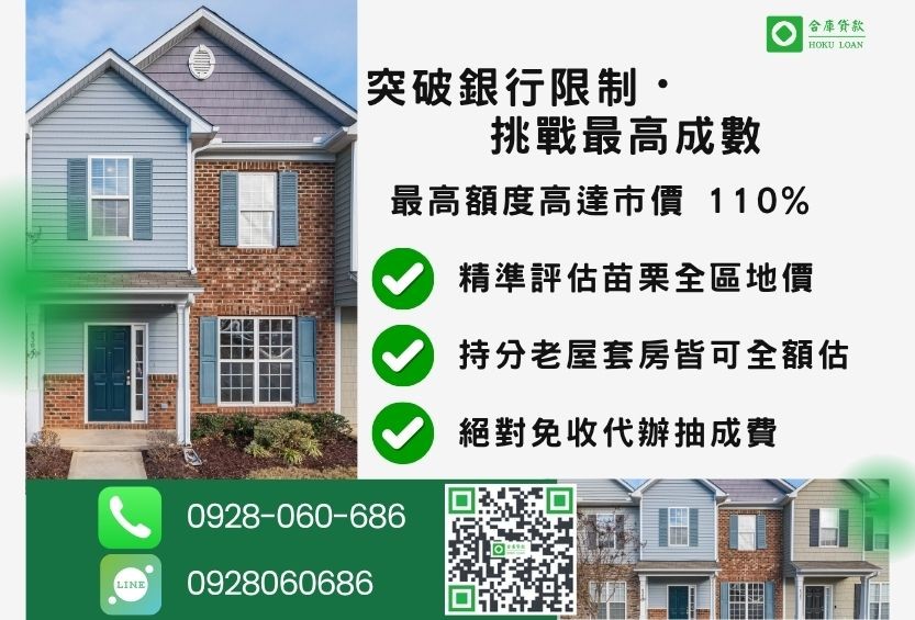 苗栗房地借錢成數最高-合庫貸款不看個人信用評分，苗栗房地價值高估最高可達110%。