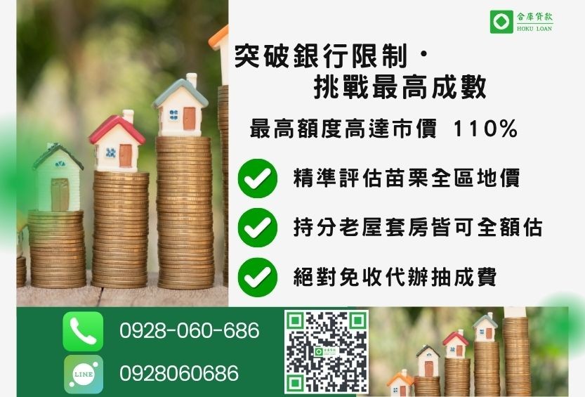 苗栗房地借錢成數最高-合庫貸款不看個人信用評分，苗栗房地價值高估最高可達110%。