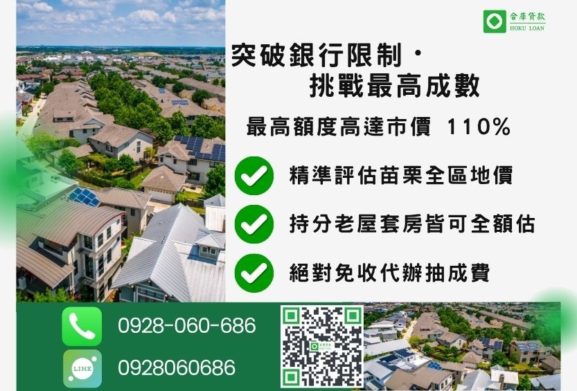 苗栗二胎成數最高-合庫貸款不看個人信用評分，苗栗房屋價值高估最高可達110%。