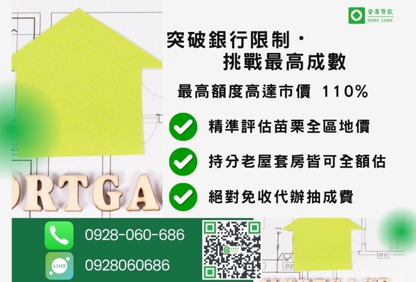苗栗二胎借款成數最高-合庫貸款不看個人信用評分，苗栗房地價值高估最高可達110%。