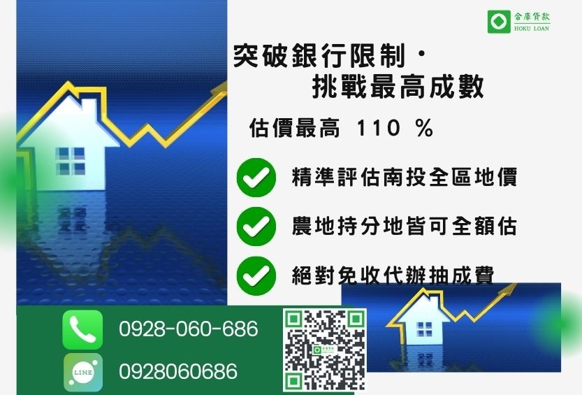南投土地借貸額度最高-合庫貸款不看個人信用評分，不動產價值高估最高可達110%。