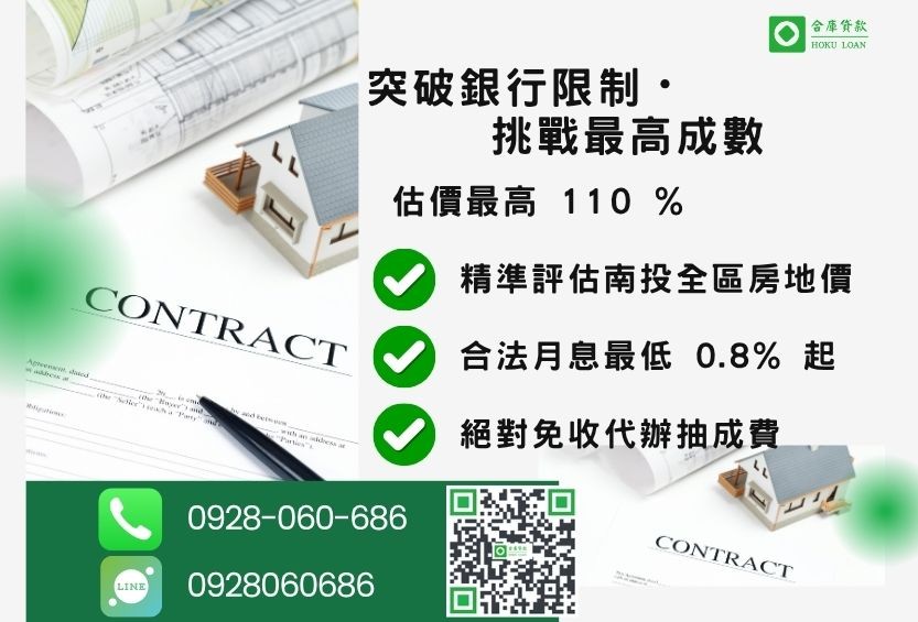 南投貸款免聯徵-合庫貸款不看個人信用評分，不動產價值高估最高可達110%。