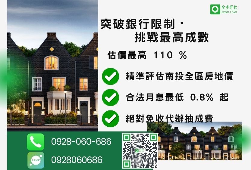 南投民間貸款額度最高-合庫貸款不看個人信用評分，不動產價值高估最高可達110%。