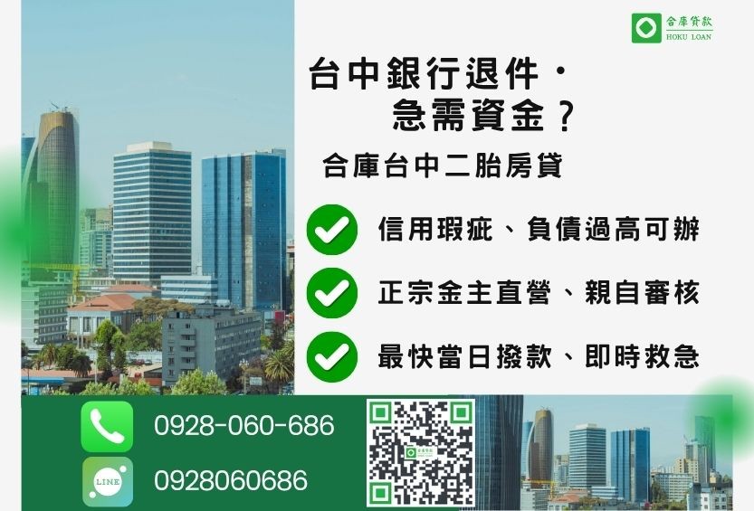 台中房屋貸款推薦-合庫貸款金主直營，針對台中銀行退件屋主提供極速二胎方案。