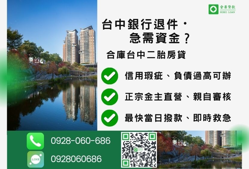台中房屋貸款推薦-合庫貸款金主直營，針對台中銀行退件屋主提供極速二胎方案。