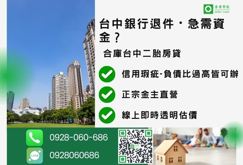 台中房屋借款推薦-合庫貸款金主直營，針對台中銀行退件屋主提供極速二胎方案。