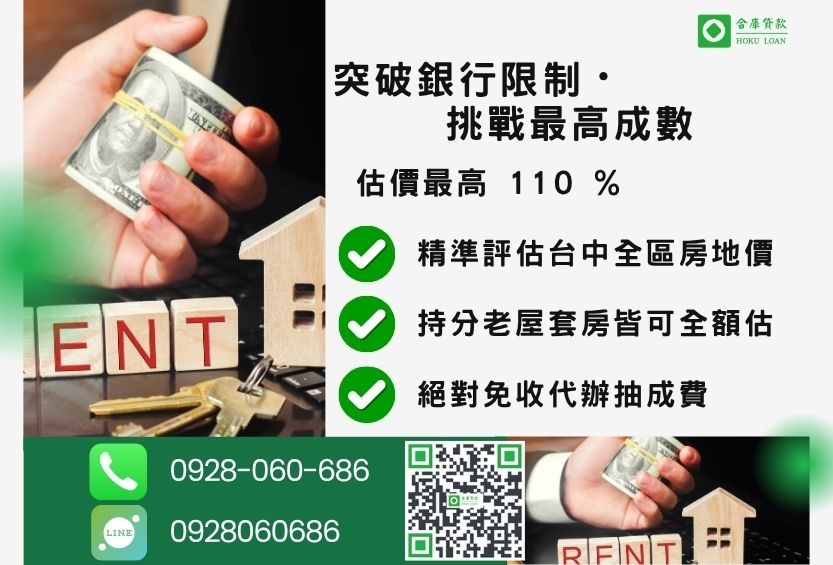 台中借款安全保障-合庫貸款不看個人信用評分，不動產價值高估最高可達110%。