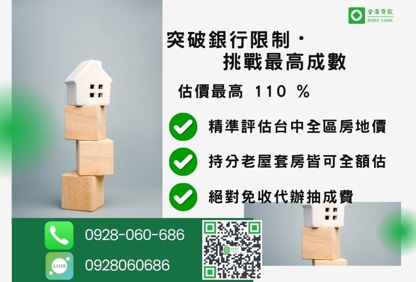 台中買房頭期款貸款成數最高-合庫貸款不看個人信用評分，房屋價值高估最高可達110%。