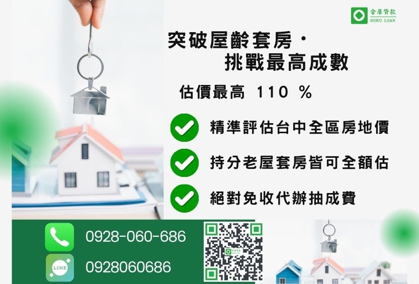 台中房屋一二胎貸款成數最高-合庫貸款不看個人信用評分，台中房屋價值高估最高可達110%。