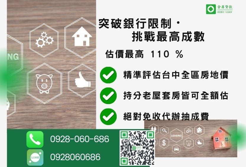 台中房屋土地二胎成數最高-合庫貸款不看個人信用評分，不動產價值高估最高可達110%。