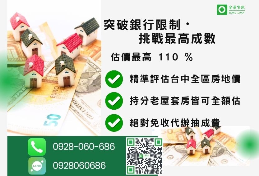 台中房屋土地二胎線上評估-合庫貸款不看個人信用評分，不動產價值高估最高可達110%。
