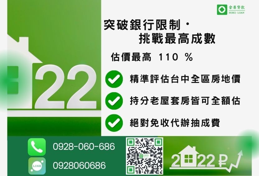 台中房貸成數最高-合庫貸款不看個人信用評分，台中房屋價值高估最高可達110%。
