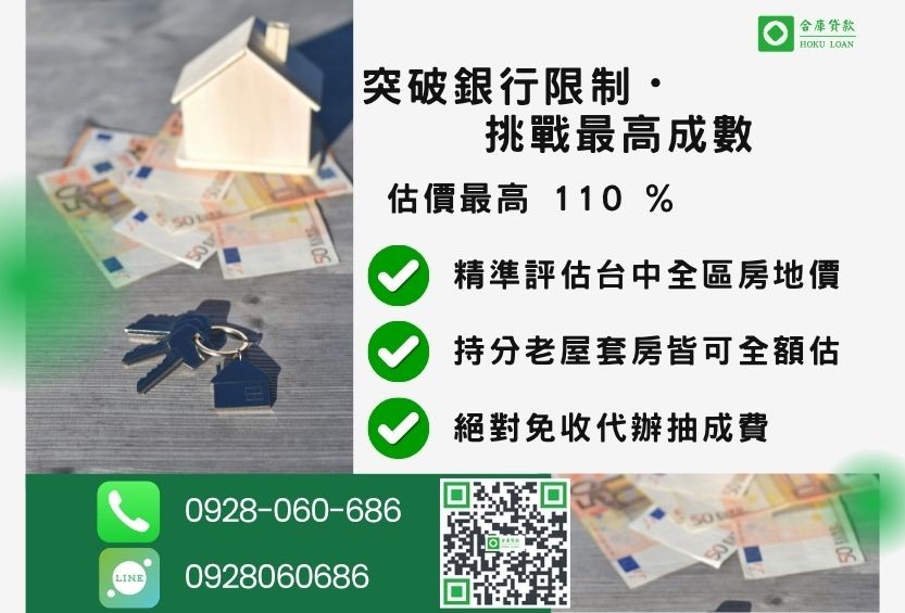 台中房屋借款成數最高-合庫貸款不看個人信用評分，房屋價值高估最高可達110%。