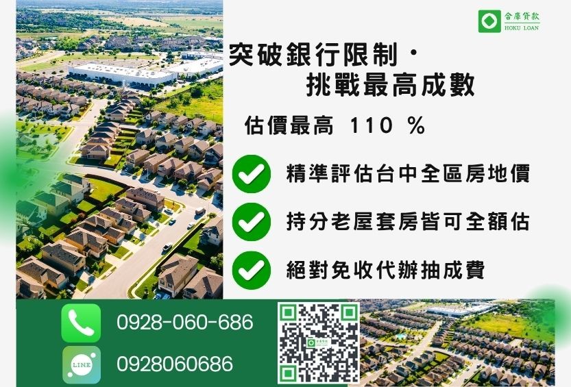 房屋借貸台中成數最高-合庫貸款不看個人信用評分，台中房屋價值高估最高可達110%。