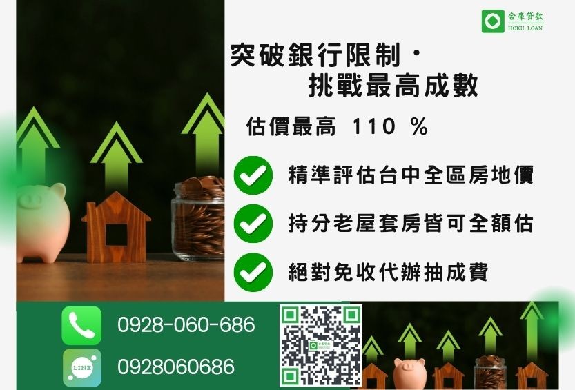 台中房貸成數最高-合庫貸款不看個人信用評分，台中房屋價值高估最高可達110%。