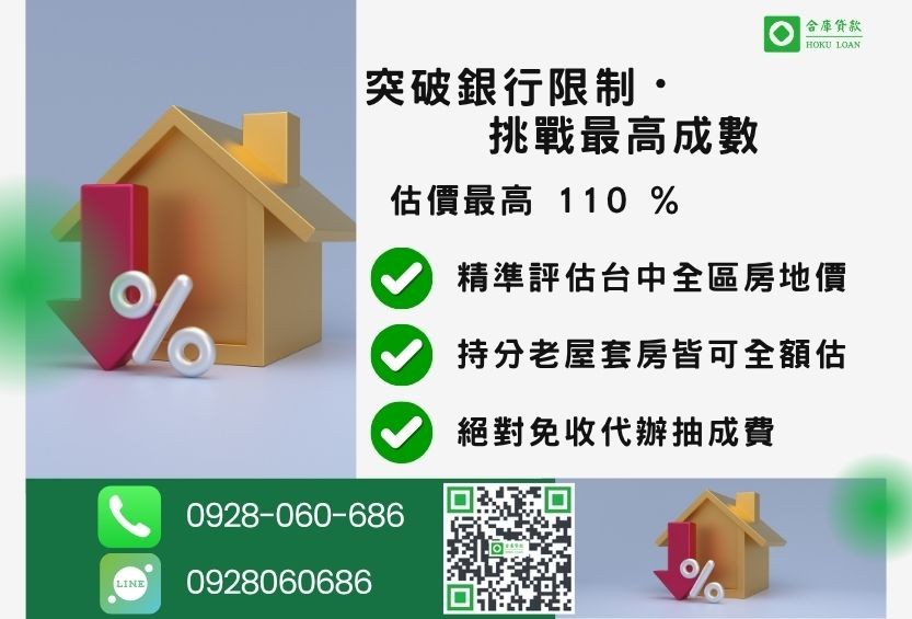 台中房屋貸款成數最高-合庫貸款不看個人信用評分，房屋價值高估最高可達110%。