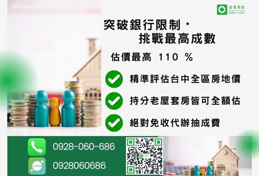 台中二胎貸款成數最高-合庫貸款不看個人信用評分，台中房屋價值高估最高可達110%。
