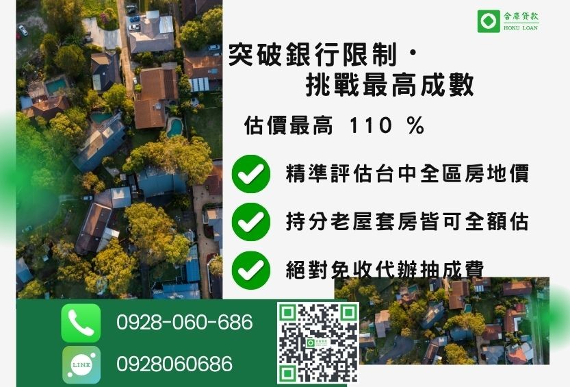 台中房屋二胎借款成數最高-合庫貸款不看個人信用評分，不動產價值高估最高可達110%。