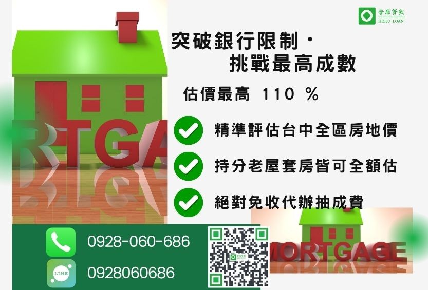 台中房屋二胎成數最高-合庫貸款不看個人信用評分，房屋價值高估最高可達110%。