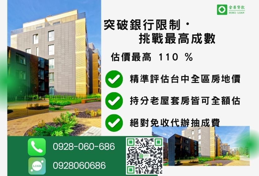 台中房屋二胎貸款成數最高-合庫貸款不看個人信用評分，不動產價值高估最高可達110%。