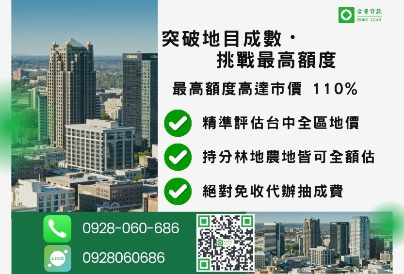 台中土地融資成數最高-合庫貸款不看個人信用評分，台中土地價值高估最高可達110%。