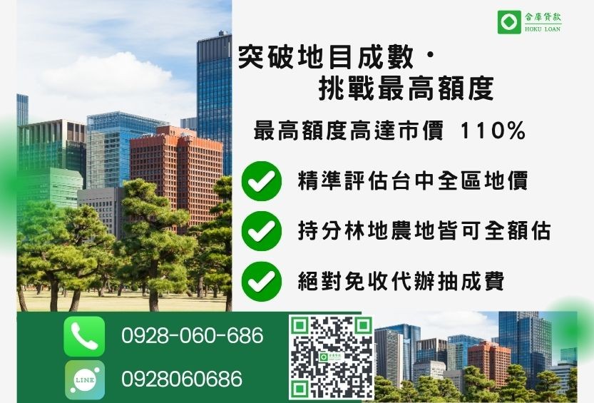 台中土地融資成數最高-合庫貸款不看個人信用評分，台中土地價值高估最高可達110%。