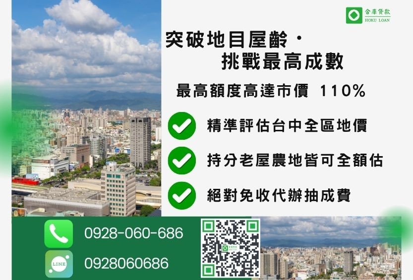 台中土地房屋二胎成數最高-合庫貸款不看個人信用評分，台中不動產價值高估最高可達110%。
