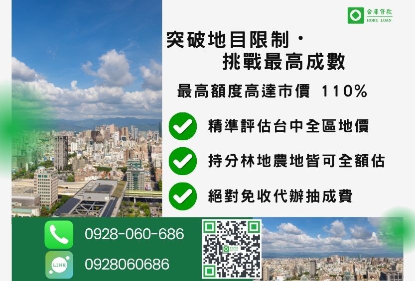 台中二胎土地成數最高-合庫貸款不看個人信用評分，台中土地價值高估最高可達110%。