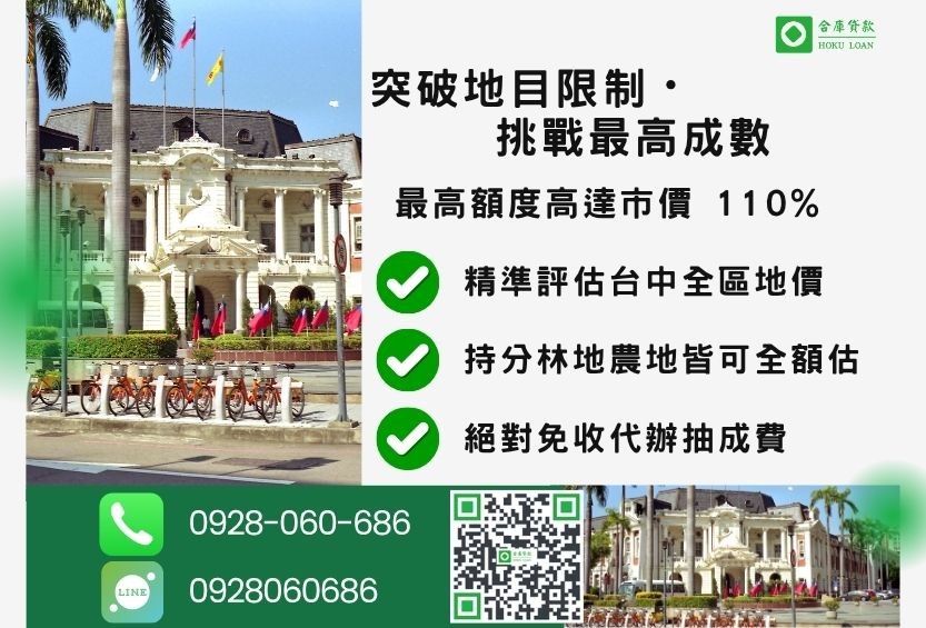 台中二胎土地成數最高-合庫貸款不看個人信用評分，台中土地價值高估最高可達110%。