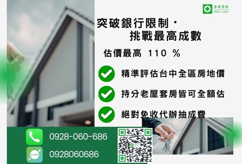 台中土地二胎貸款成數最高-合庫貸款不看個人信用評分，不動產價值高估最高可達110%。