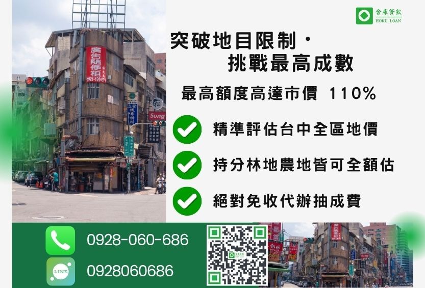 台中土地二胎成數最高-合庫貸款不看個人信用評分，台中土地價值高估最高可達110%。
