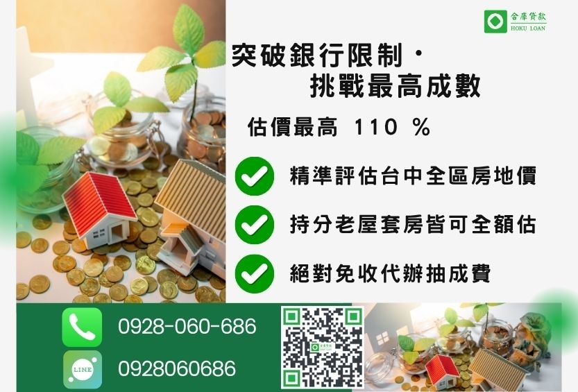 台中民間貸款額度超高-合庫貸款不看個人信用評分，房屋價值高估最高可達110%。