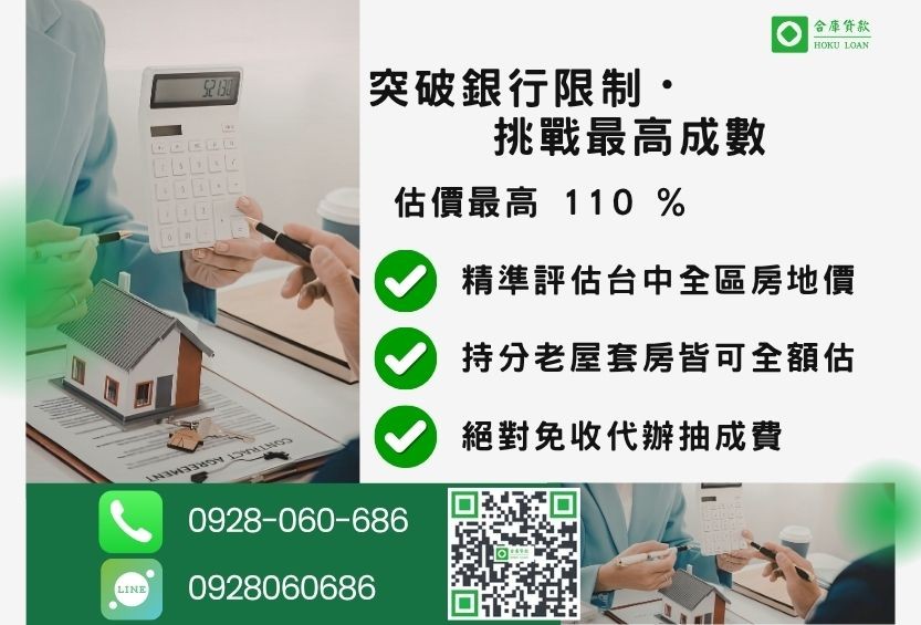 台中私人放款安全推薦-合庫貸款不看個人信用評分，不動產價值高估最高可達110%。