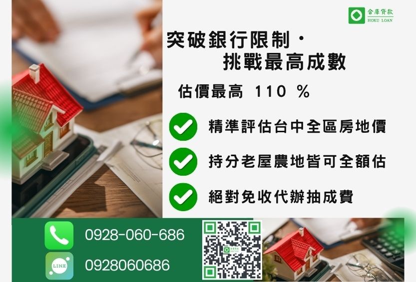台中借款成數最高-合庫貸款不看個人信用評分，台中房屋價值高估最高可達110%。