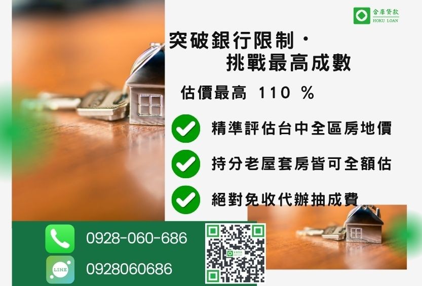 台中二胎貸款成數最高-合庫貸款不看個人信用評分，不動產價值高估最高可達110%。