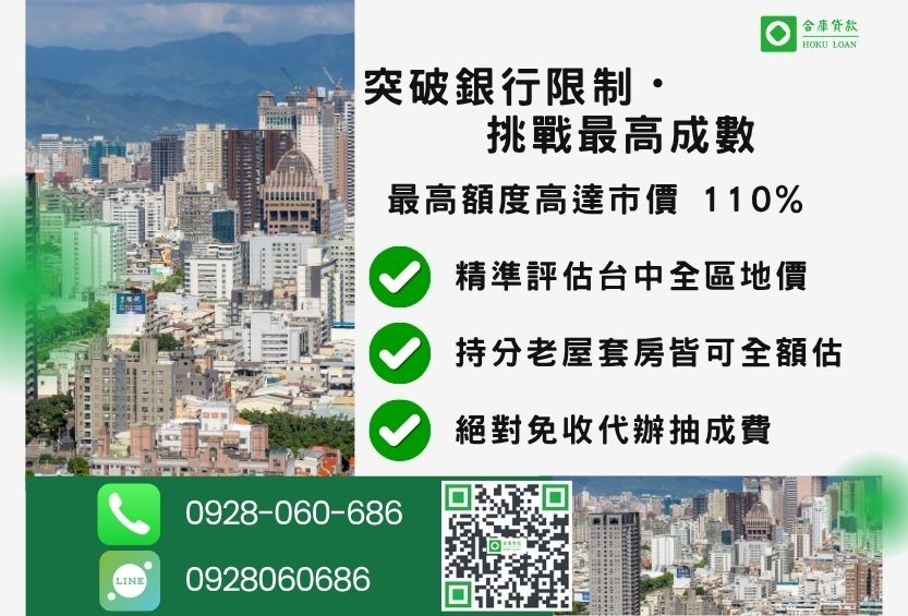 台中二胎貸款成數最高-合庫貸款不看個人信用評分，台中房屋價值高估最高可達110%。