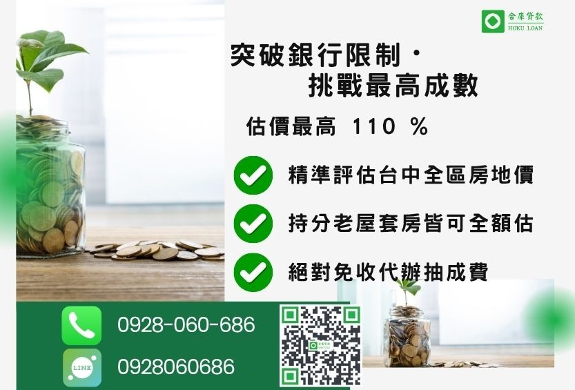 台中二胎房屋成數最高-合庫貸款不看個人信用評分，房屋價值高估最高可達110%。