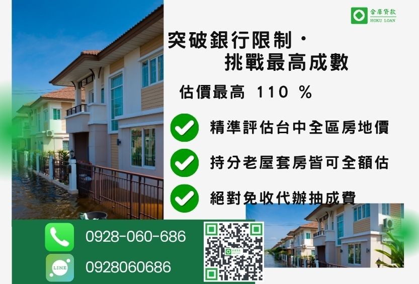 台中房屋二胎成數最高-合庫貸款不看個人信用評分，不動產價值高估最高可達110%。