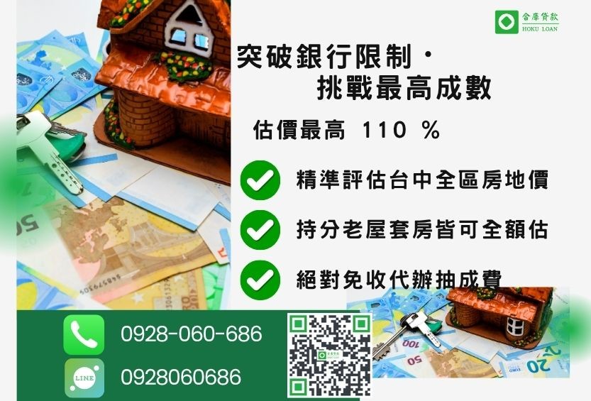 房屋貸款台中成數最高-合庫貸款不看個人信用評分，房屋價值高估最高可達110%。