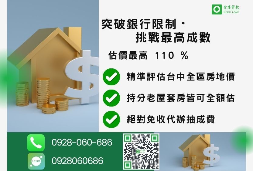 台中房屋貸款成數最高-合庫貸款不看個人信用評分，房屋價值高估最高可達110%。
