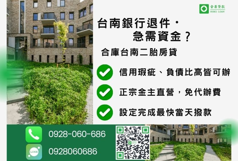 台南房屋貸款推薦-合庫貸款金主直營,針對台南銀行退件屋主提供極速二胎方案。