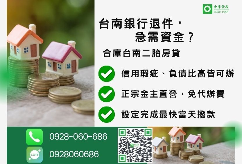 台南房屋貸款推薦-合庫貸款金主直營,針對台南銀行退件屋主提供極速二胎方案。