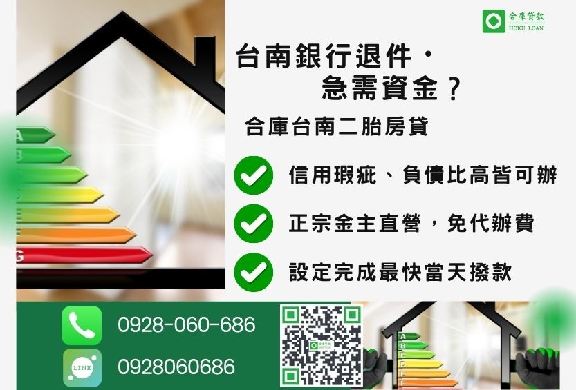 台南房屋二胎貸款推薦-合庫貸款金主直營，針對台南銀行退件屋主提供極速二胎方案。