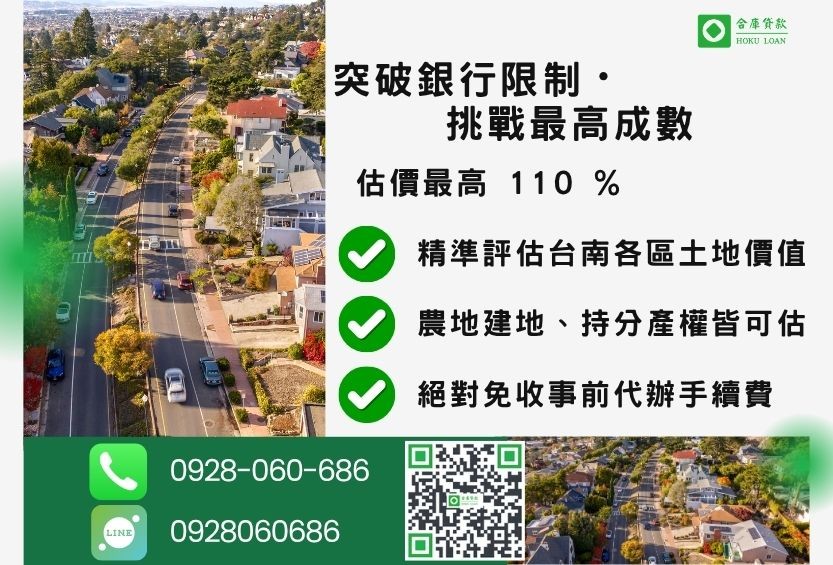 台南土地一二胎貸款成數最高-合庫貸款不看個人信用評分,台南房屋土地價值高估。