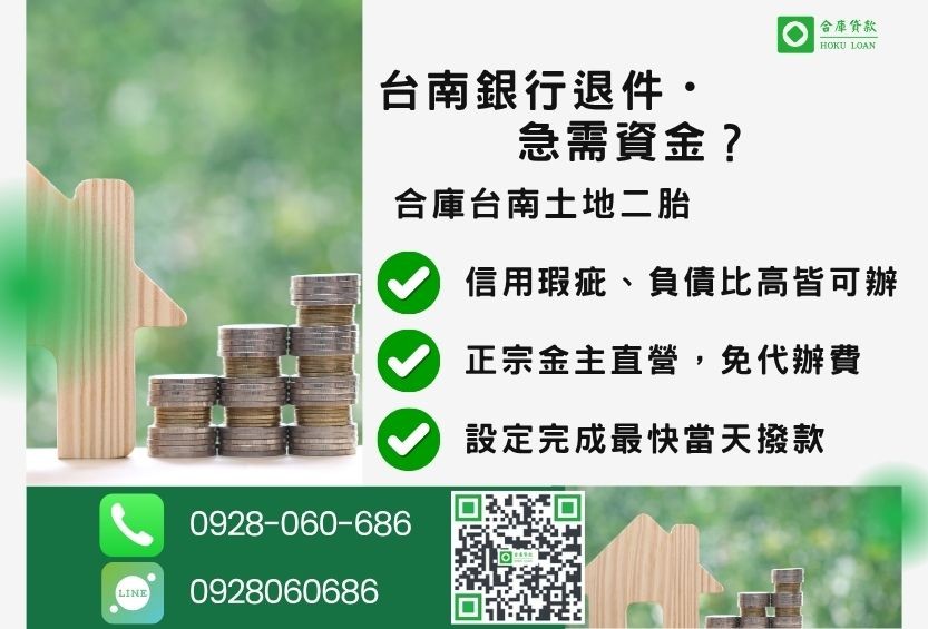 台南土地一二胎貸款推薦-合庫貸款金主直營，針對台南銀行退件屋主提供極速二胎方案。