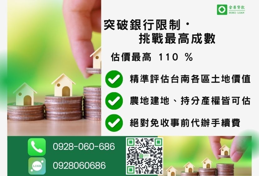 台南土地一二胎貸款成數最高-合庫貸款不看個人信用評分，台南房屋土地價值高估。