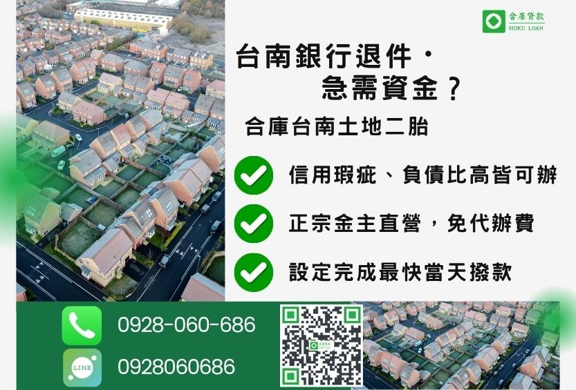 台南土地一二胎貸款推薦-合庫貸款金主直營，針對台南銀行退件屋主提供極速二胎方案。